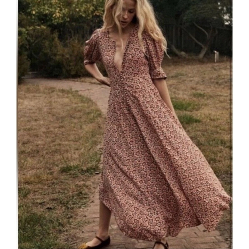 Doen Laurel Floral-print Cotton-blend Midi Dress In Pink